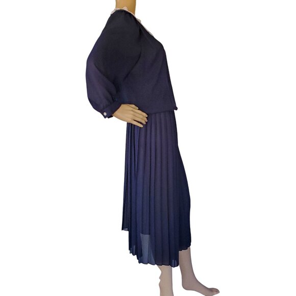 Vintage Career Blouson Maxi Dress Women's 12 Sheer Zip Blue Lace Crochet Collar - Picture 10 of 12